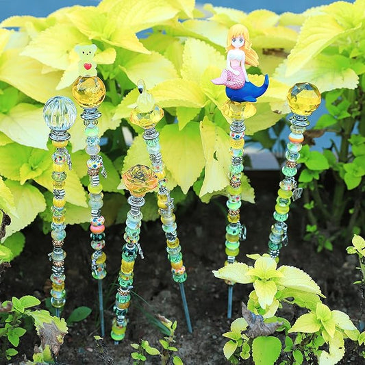 AIPRIDY 158 Pcs DIY Fairy Wand Garden Stakes Kit,Multiple Color Scheme European Beads Crystal Diamond Tops and 12 or 10 Inch Threaded Rods,Stainless Steel Stakes with Diamond Toppe (Lenmon)