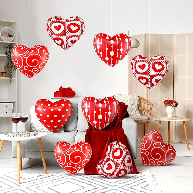 12 Pcs 12 Inch Valentine's Day Inflatable Heart Outdoor Decorations Large Valentine Heart Inflatable Hanging Ornaments PVC Love Outdoor Yard Decor for Wedding Anniversary