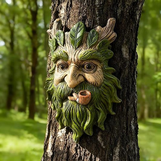 Teaeeno Whimsical Tree Face Garden Decoration, 11.8 in Tree Faces Decor Outdoor Wallmounted Statue Art with Leaf Features, Outdoor Decor Garden Accessory (Nature and Outdoors)