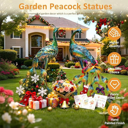 Kircust Metal Peacock Sculptures - Set of 2 Outdoor Garden Yard Art, Durable Weather-Resistant Lawn Statues, Hand-Painted, 30.7" H - Ideal for Backyard, Patio, and Porch Decor