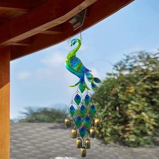 Outdoor Chimes Gifts for Women, Colorful Peacock Wind Chimes-Metal and Glass Hanging Sculpture,Birthday Gifts for Mom Grandma Wife