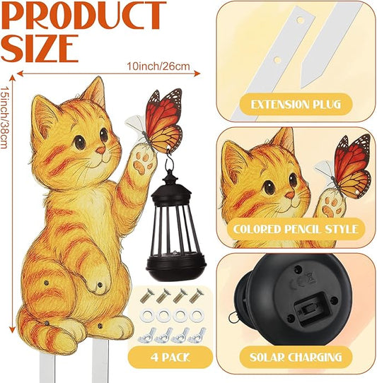WILLBOND Cat Garden Decor Summer Outdoor Solar Lights Decor, Metal Orange Cat Garden Stake with Butterfly, Outside Stake Signs Gifts for Mom Yard Lawn Patio Unique Gift Ideas