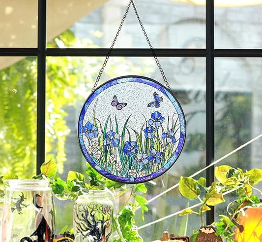 Stained Glass Window Hanging, Butterfly and Iris Flower Suncatcher 7.87inch Hand-Painted Sun Catcher for Windows and Home Decor Indoor & Outdoor Decoration, Gift for Women