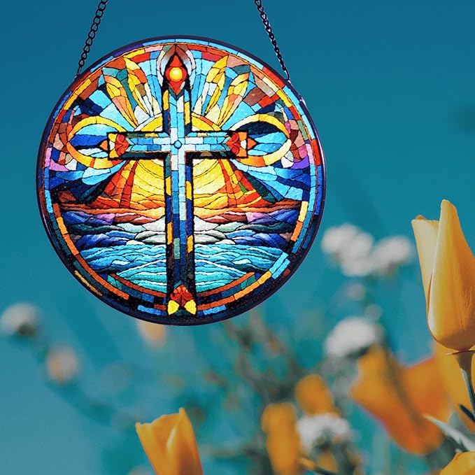 Stained Glass Cross Window Hanging, 8''/20CM Suncatchers for Windows Diamond Textured Glass Cross Decorative Hanging Ornaments Stained Glass for Chirstmas Suncatcher Window Panel Gift Home Decor (B)