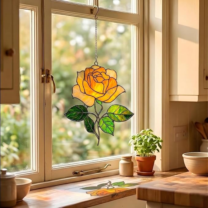 Yellow Rose Flower Handmade Resin Suncatchers, Artisan Sun Catcher, Stained Glass Effect, Flower Suncatchers for Window Hanging, Garden Decor, Gift for Mother's Day Mom Women Grandma Wife