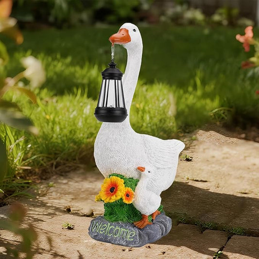Solar Porch Goose Statue, Outdoor Goose Decor with Lantern for Yard Lawn Patio Balcony, Birthday Christmas Housewarming Gifts for Mom, Grandma, Women, 20 Inch, Resin