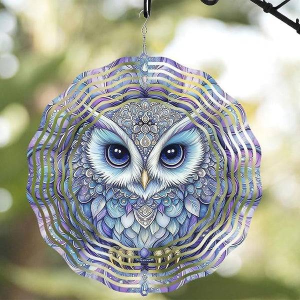 10 Inch Owl Wind Spinner, 3D Stainless Steel Hanging Kinetic Wind Sculpture Gifts for Garden Decor Yard Art Indoor Outdoor Window Porch Front Door Decoration