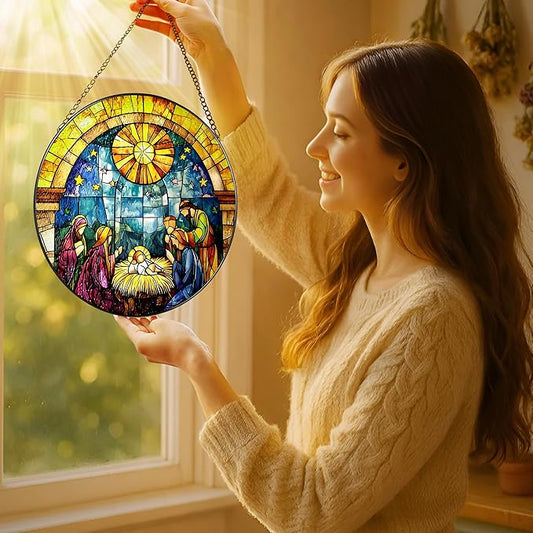 8'' Stained Glass Window Hanging, Nativity Scene Ornament, Christian Christmas Ornament, Holy Family Decoration, Religious Decor, Gift for Christmas, Religious Gifts, Christian Gifts