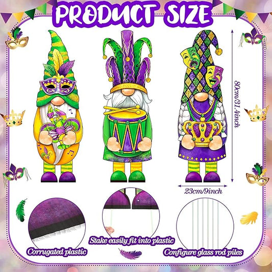 Umigy 3 Pcs Mardi Gras Yard Decor Carnival Day Gnome Outdoor Sign with Stakes Gold Green Purple Gnome Lawn Sign Sweet Yard Decor for Home Pathway Walkway