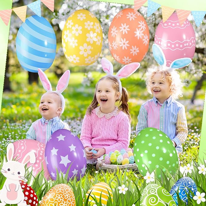 18 Pieces 12 Inch Inflatable Easter Eggs Easter Outdoor Yard Decoration Large Inflatable Hanging Eggs Ornaments Giant PVC Kids Toys for Garden Lawn Party Decor