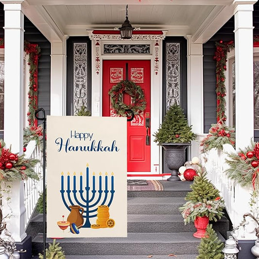 Happy Hanukkah Garden Flags Menorah Star of David Chanukah Yard Flag Jewish Gyroscope Holiday Festival Holiday House Banner Double Sided for Winter Decor 12 x 18 Inch