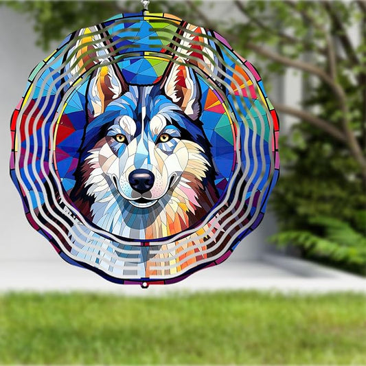 Husky Wind Spinner Pet Dog Memorial Gifts, Vibrant 3D Kinetic Metal Yard Art, Loss of Dogs Sympathy Gifts, Hanging Outdoor Garden Decor, 8" Decorative Wind Sculptures for Patio, Porch (Husky 5)