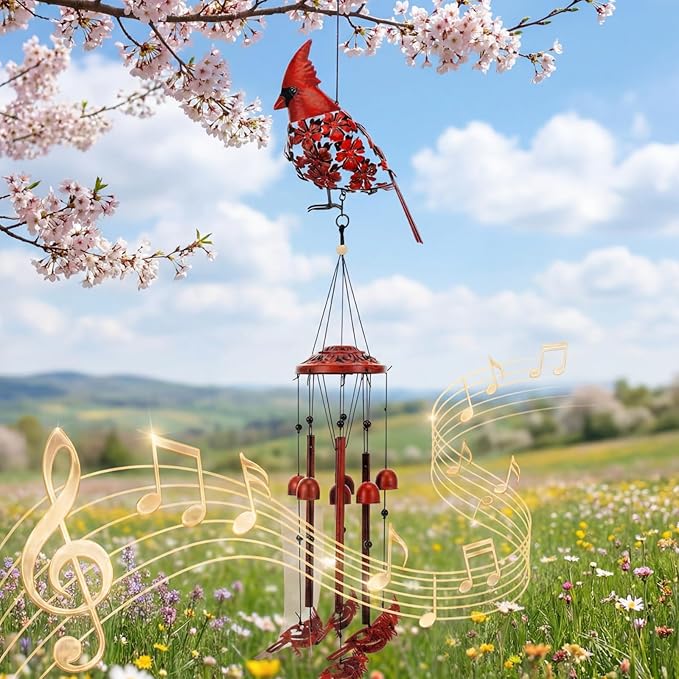 Cardinal Wind Chimes for Outside 34'' 3D Red Bird Metal Wind Chimes Hanging Decoration Cardinal Gifts Women Grandma Mom Memorial Red Bird Decor for Outdoor Garden Yard Patio Backyard