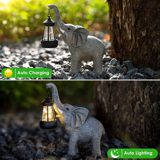 Candieslife Solar Garden Statue Lights Elephants Figurine with Solar Lantern, Outdoor Yard Decorations for Patio Porch Home, Mothers Day Decorations Gift for Women - Unique Housewarming Gifts