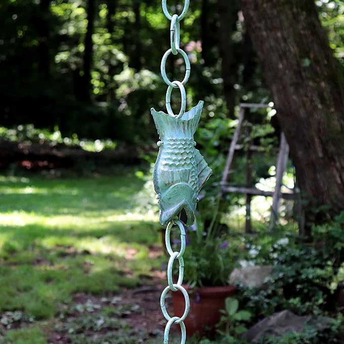 Good Directions 487V1-8 Fish Rain Chain 8-1/2 Feet Long, Large Wide Mouthed Fish, 100% Blue Verde Pure Copper
