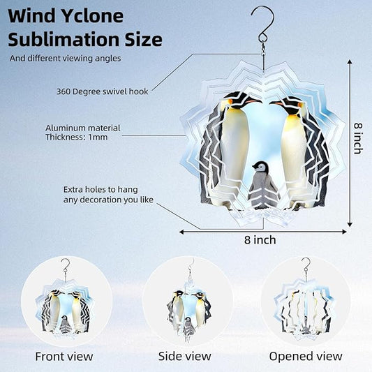 8 Inch Sublimation Wind Spinner, 3D Aluminum Metal Wind Spinner with Hook, Indoor Yard Garden Hanging Decoration, Weather Resistant Rotating Spiral Ornament, Penguin Family