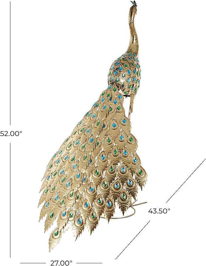 Deco 79 Metal Peacock Decorative Garden Sculpture Garden Statue with Blue and Green Jewels, Outdoor Sculpture 44" x 27" x 52", Brass
