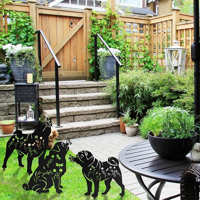 MorningRo 3 Pcs Pug Dog Metal Garden Decor for Outside 12" Pug Puppy Garden Stake Black Silhouette Statues Outdoor Decoration Women Men Dog Lovers Spring Patio Lawn Yard Art