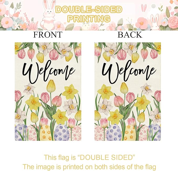 Baccessor Welcome Easter House Flag 28 x 40 Inch, Double Sided Burlap Tulip Daffodil Colorful Eggs Farmhouse Large Yard Flag Seasonal Holiday Spring Easter Outdoor Decor