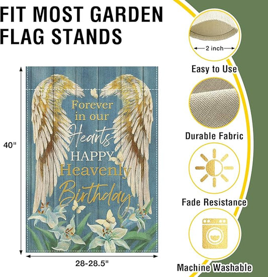Artofy Memorial Forever in Our Hearts Wings Large Decorative House Flag, Happy Heavenly Birthday Lily Cemetery Yard Garden Outside Decor, Farmhouse Burlap Outdoor Home Decoration Double Sided 28 x 40