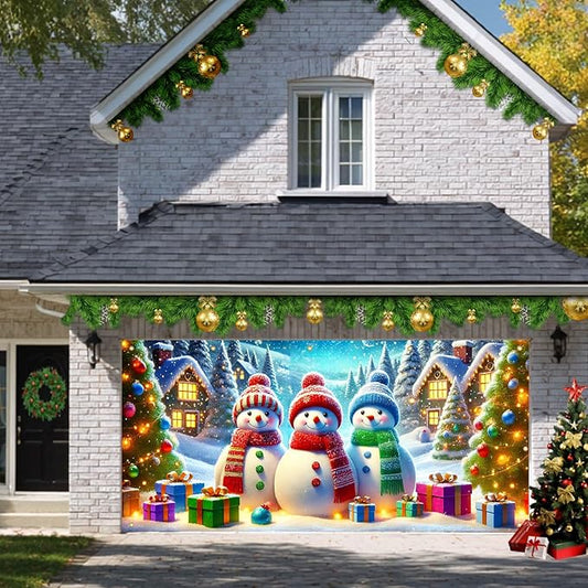 HOMETITUTE Christmas Garage Door Banner 13x6ft Snowman Winter Village Scene Holiday Backdrop Gift Box Snow Night Indoor Outdoor Wall Hanging Seasonal Party Decoration Festive Entry Porch
