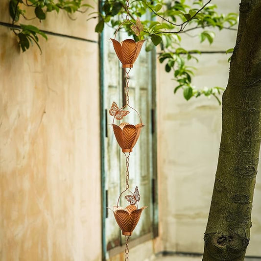 Topadorn 8.7 FT Rain Chain Iron Butterfly Gutter Chains with 10 Rain Collector Thick Iron Flower Cups Garden Decoration