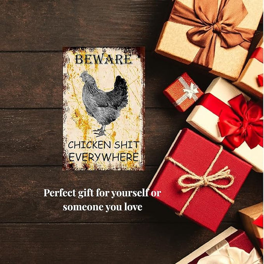 Funny Metal Chicken Coop Sign - Beware Chicken Shit Everywhere - Yard, Garage, Farm, Garden Wall Decor Plaque for Home Fence - Outdoor Tin Sign 8 X 12 Inches