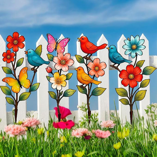 4 Pack Garden Decor for Outside Metal Flowers Garden Stakes Spring Decor 15'' Decorative Colorful Flowers Birds Butterfly Yard Art Rust Proof Plant Sticks for Yard Lawn Pathway Patio Outside