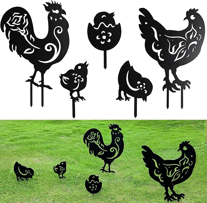 Chicken Metal Yard Art Animals Stakes,5PCS Outdoor Large Black Chickens Family Silhouette Country Garden Sculpture Set,Rooster Mother Hen and Chicks