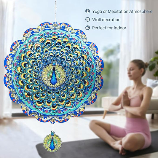 Peacock Wind Spinners Outdoor, 12In Stainless Steel Wind Spinners Outside, 3D Kinetic Hanging Sculpture, Rustproof Metal Garden Decor Ornaments for Yard Art, Women, Men, Holidays
