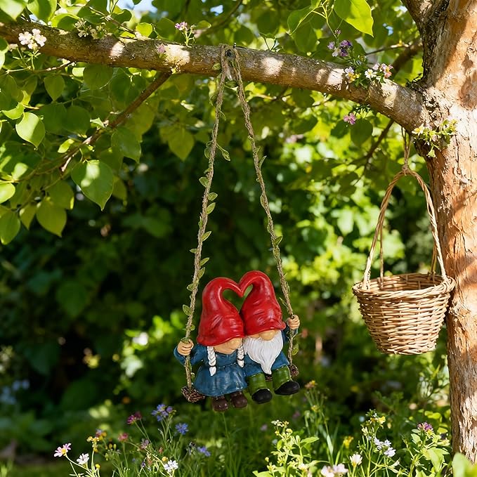 Valentine Gnome Couple on Swing, Cute Wedding Gnomes Figurines for Home & Garden Décor, Romantic Gnomes for Yard, Outdoor Gnome Statues for Porch, Patio, Tree Decorations