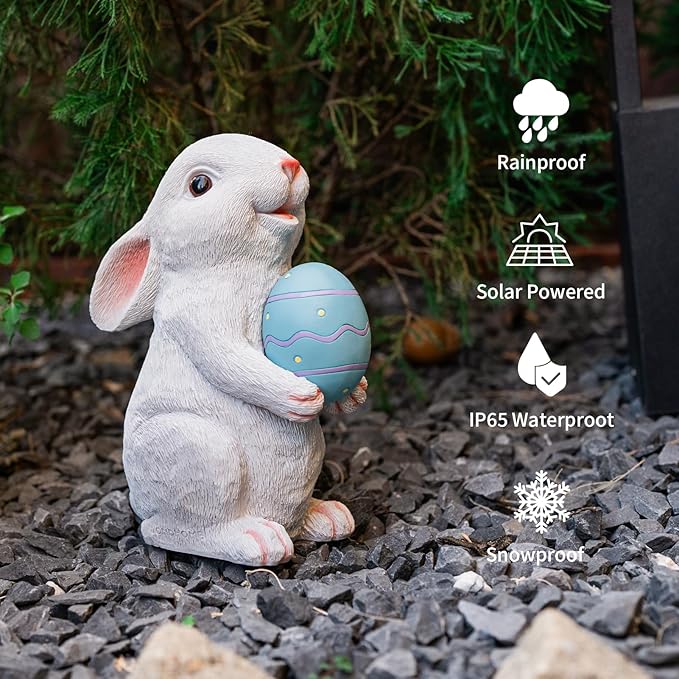 Solar Easter Rabbit Garden Statues Outdoor Easter Decorations Resin Bunny Figurine with Egg Changing LED Lights for Porch Patio Lawn Yard Gardening Gifts for Mom Grandma