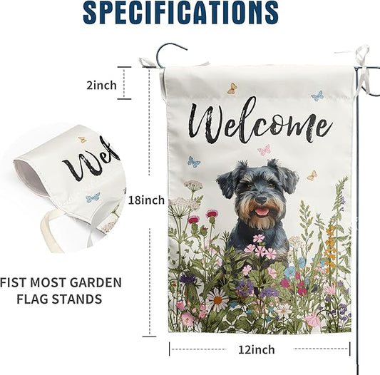 Spring Summer Garden Flag Floral Schnauzer Yard Flag Flower Dog Garden Flags for Outside Small Outdoor Welcome Flags 12x18 Double Sided