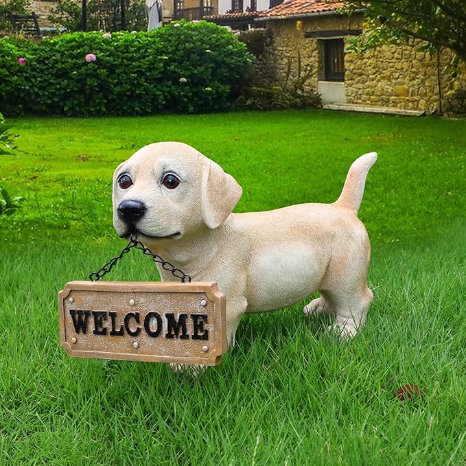Labrador Dog Garden Statue with Solar Lantern & Interchangeable Welcome/On Patrol Sign, Cute Puppy Outdoor Decor Resin Animal Figurine for Yard, Patio, Lawn, Porch, Gifts for Dog Lovers