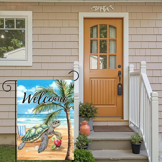 Welcome Garden Flag Sea Turtle Beach Scene Yard Flag Tropical Coastal Summer Double Sided Polyester Ocean Palm Tree Yard Flags for Lawn Porch Patio Nautical Seaside Outdoor Decor 12x18 Inch