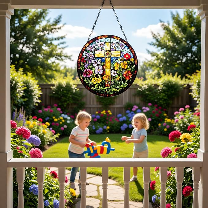 Stained Glass Window Hanging - Cross and Wildflowers Suncatcher, Sun Catchers Decor for Window Hanging, Gifts for Religious, Christian, Easter Faith Home Decor 7.8in