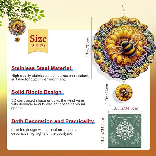 Rngmsi Sunflower Wind Spinners Outdoor Garden Decor for Outside, 3D Metal Bee Wind Spinner Hanging Decor Kinetic Art for Yard, 12 in Stainless Steel Hanging Gifts for Women Housewarming