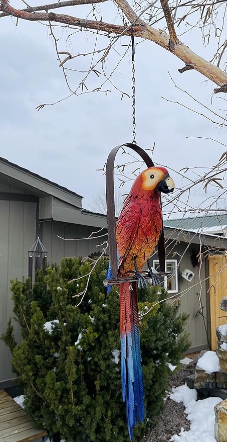 Hanging Whimsical Rustic Metal Swinging Macaw Parrot Tropical Bird On Chain Yard Garden Art, 10.75'' x 37''