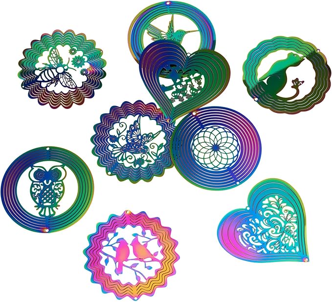9Pcs Animal Wind Spinners Outdoors Assorted Stainless Steel Wind Sculpture Spinner for Garden Outside Hanging Decor Gradient Etched Metal Embellishments for Garden Yarn Home Decor