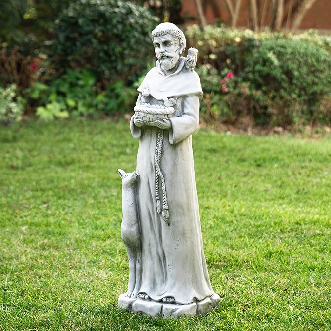 Glitzhome St. Francis Feeds Animals Statue Outdoor Garden Memorail Sculpture, 36.25in Tall, Cement Gray
