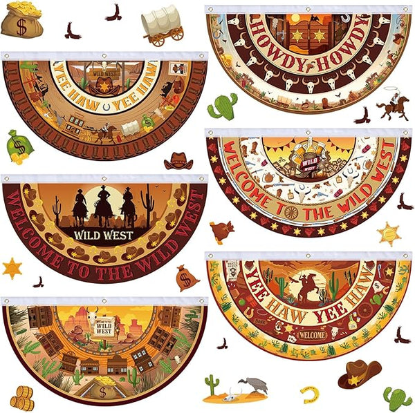 6 Pcs Western Party Decorations Cowboy Bunting Fan Flags Wild West Cowboy Hanging Half Fan Banners 1.5 x 3ft Rustic Country Cowgirl Bunting Decor for Outdoor Indoor Garden Yard Western Party