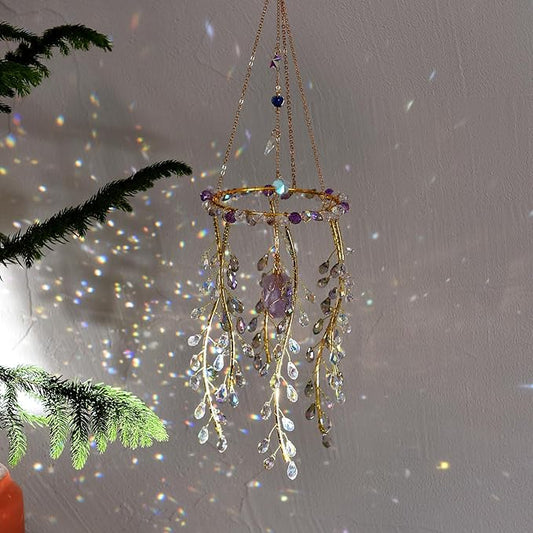 Crystal Hanging Suncatcher with Natural Stone, 16.9 Inch Decorative Wind Chime, Gold Chain & Branch Design (Purple)