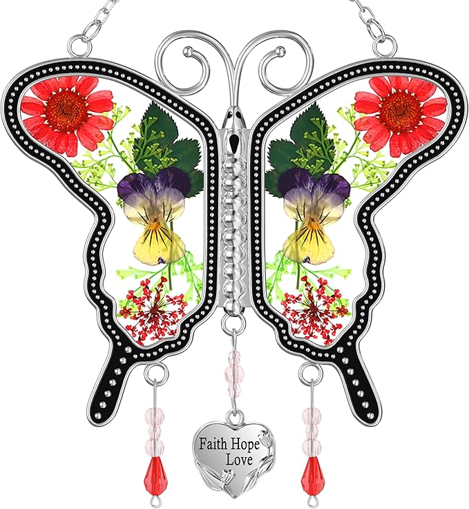 KY&BOSAM Suncatcher Butterfly Stained Glass FHL Butterfly Suncatchers Ornament hangings for Windows Wind Chime with Pressed Flower Butterfly Embedded in Glass Mother`s Day Birthdays