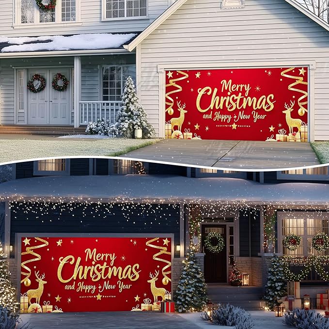 IVN Christmas Garage Door Cover Decoration 13x6ft Santa Glitter Gold Gift Reindeer on Red Holiday Christmas Garage Door Banner Home Garage Door Front Yard Decor for Xmas Eve Holiday Outdoor