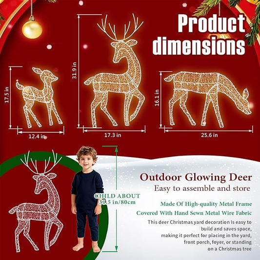 Pre-Lit Outdoor Christmas Deer Family Set, 2D Lighted Reindeer Decoration, 60 LED Warm White Lights, 3-Piece, Waterproof,Battery Powered for Indoor Outdoor Yard Display (A)