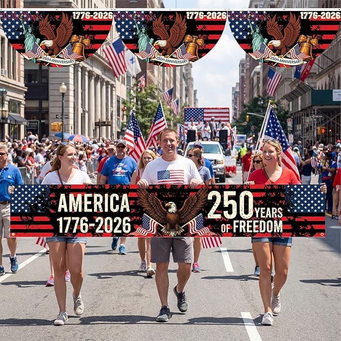 Chumia 5 Pcs 250th Anniversary Decorations Include 1776-2026 Patriotic Outdoor Hanging Bunting Fan Banners American Flag Fence Banner Fourth of July Independence Day Porch Yard Garden Decor