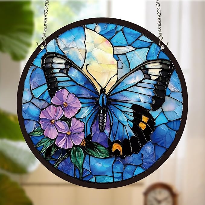 CREATCABIN Butterfly Sun Catchers Round Acrylic Suncatchers Stained Animals Window Wall Art Hanging Ornaments with Metal Chain for Housewarming Living Room Bedroom Home Garden Decor 9.8 Inch
