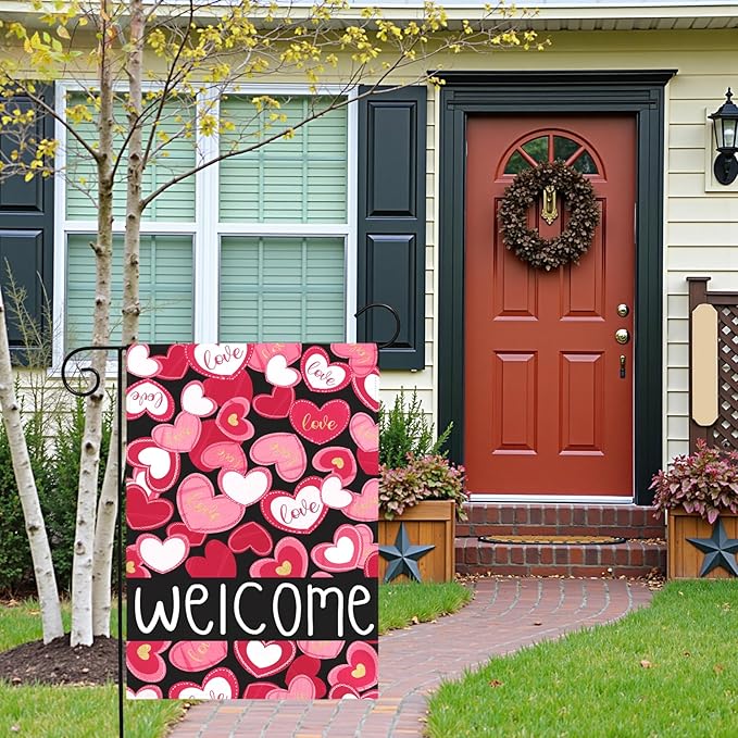 Valentines Day Garden Flag Welcome Love Heart Decorations Outdoor Yard Flags Romantic Red Pink Hearts Anniversary Holiday House Banners Seasonal Decor for Porch Patio Lawn Party 12×18 Inch
