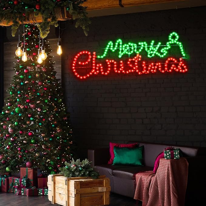ROCEEI Large LED Merry Christmas Neon Motif Bright Red and Green Outdoor LEDs Christmas Decoration for Outdoor Home Party Wall Hanging Holiday (Colorful, Letter)