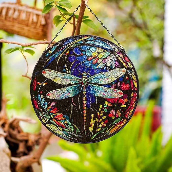 Stained Glass Window Hanging,20cm/7.87inch Dragonfly Hand-Painted Sun Catcher Garden Hangings Christmas Mother's Day, Valentine's Day Ornaments Festival Gift (A Style)